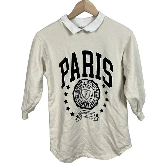 Zara Collared Paris Graphic Sweater Girl Kids Size 9 Preppy Cotton Stretch - Picture 1 of 6